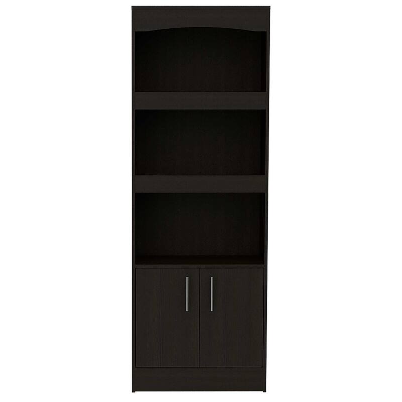 HomeRoots 71" Light Gray Wood Three Tier Bookcase with Two Doors