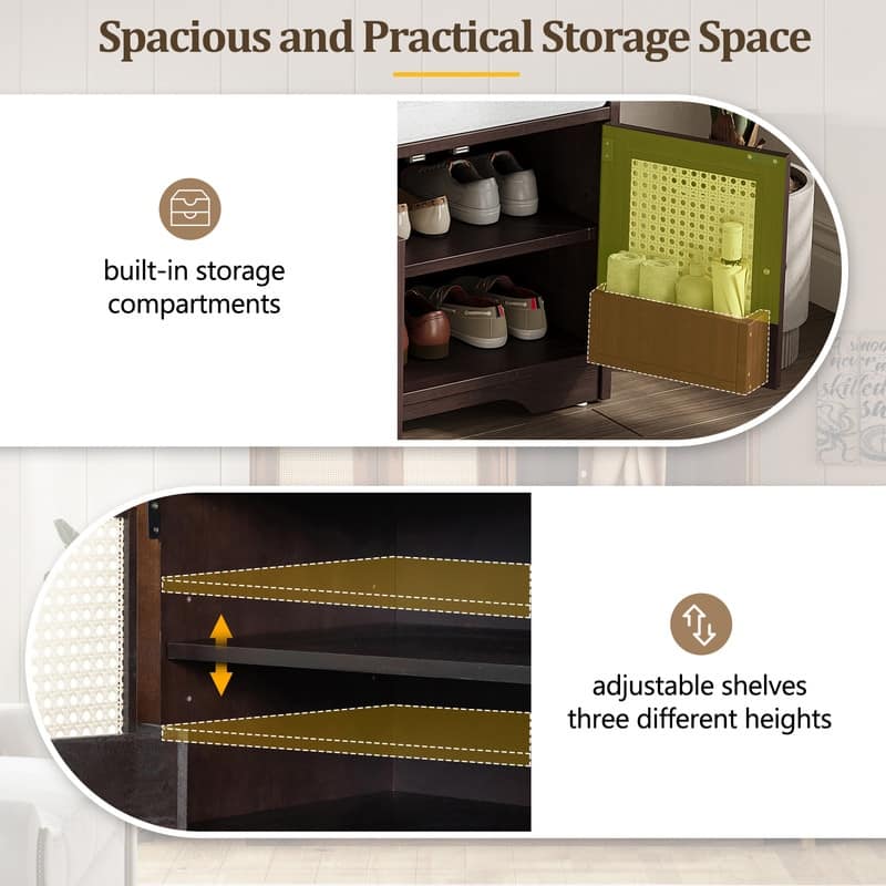 Rustic 47.4" Storage Bench Multifunctional Wooden Entryway Organizer with Removable Cushion and Rattan Doors