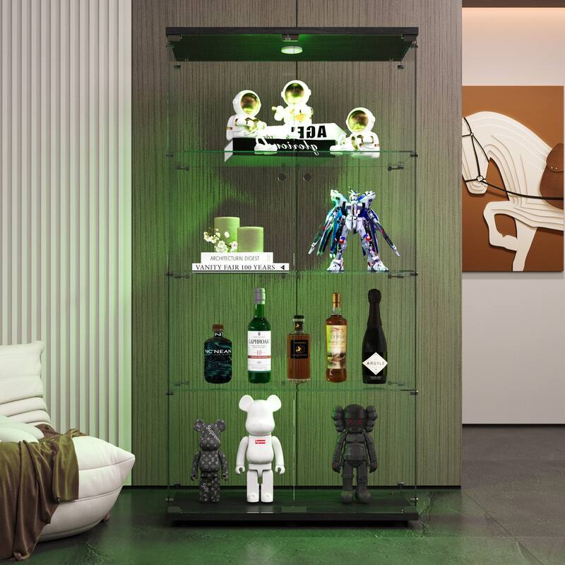 Two-door LED lights Glass Display Cabinet 4 Shelves with Door, Floor Standing Curio Bookshelf for Living Room