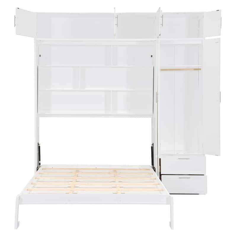 Queen Size Murphy Bed with Storage - Space-Saving Wall Bed with 3 Cabinets, Wardrobe and 2 Drawers