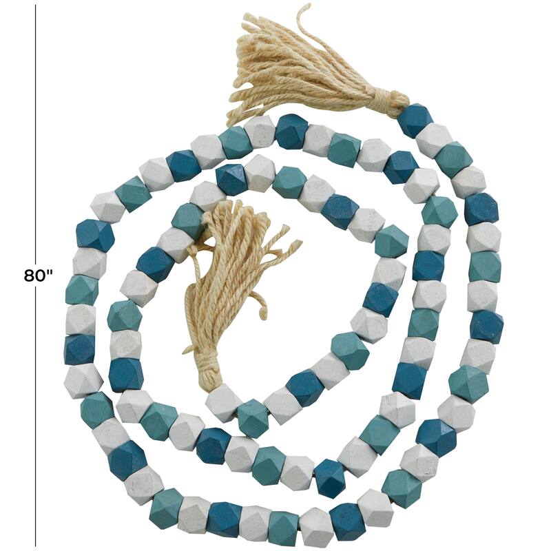 Bohemian Natural Wood Bead Garland with Cotton Tassels - 80 x 1 - Blue and White - Diamond