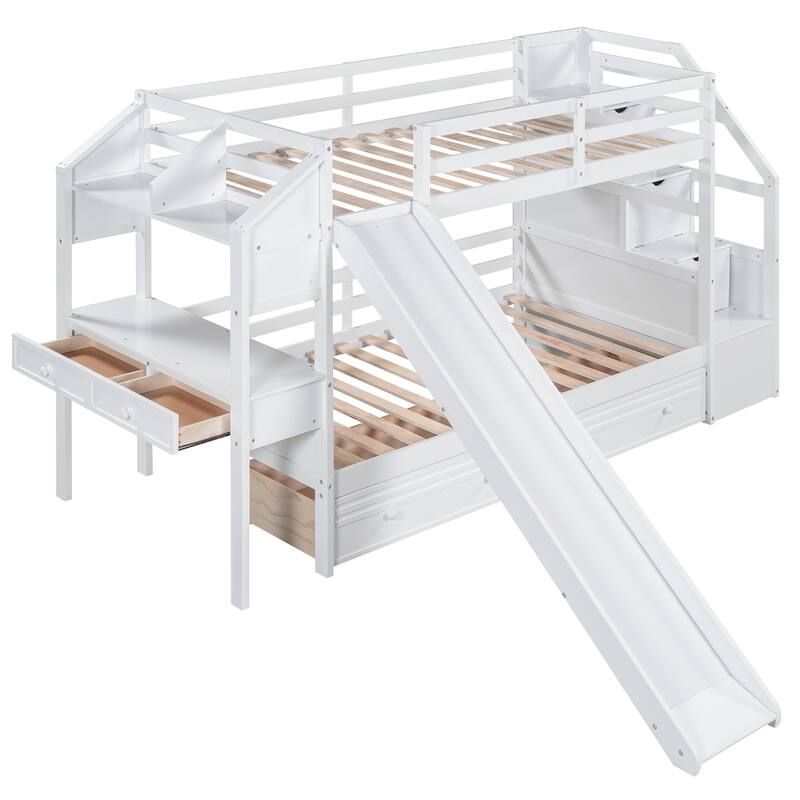 Twin Over Twin Bunk Bed With Storage Staircase, Slide And Drawers, Desk With Drawers And Shelves