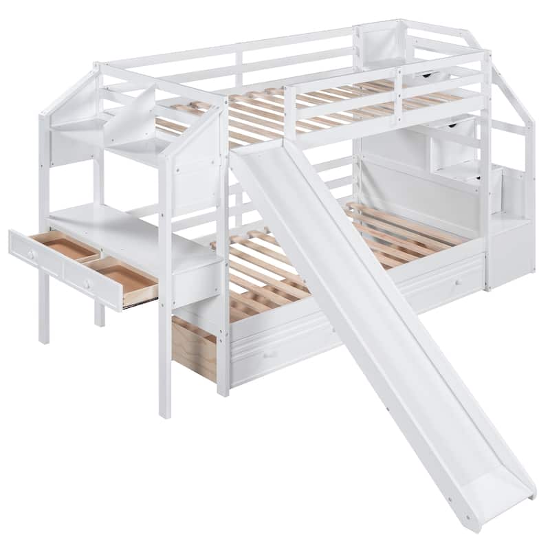 Wooden Bunk Bed w/Desk, Twin Over Twin Bed Frame w/Drawers Slide