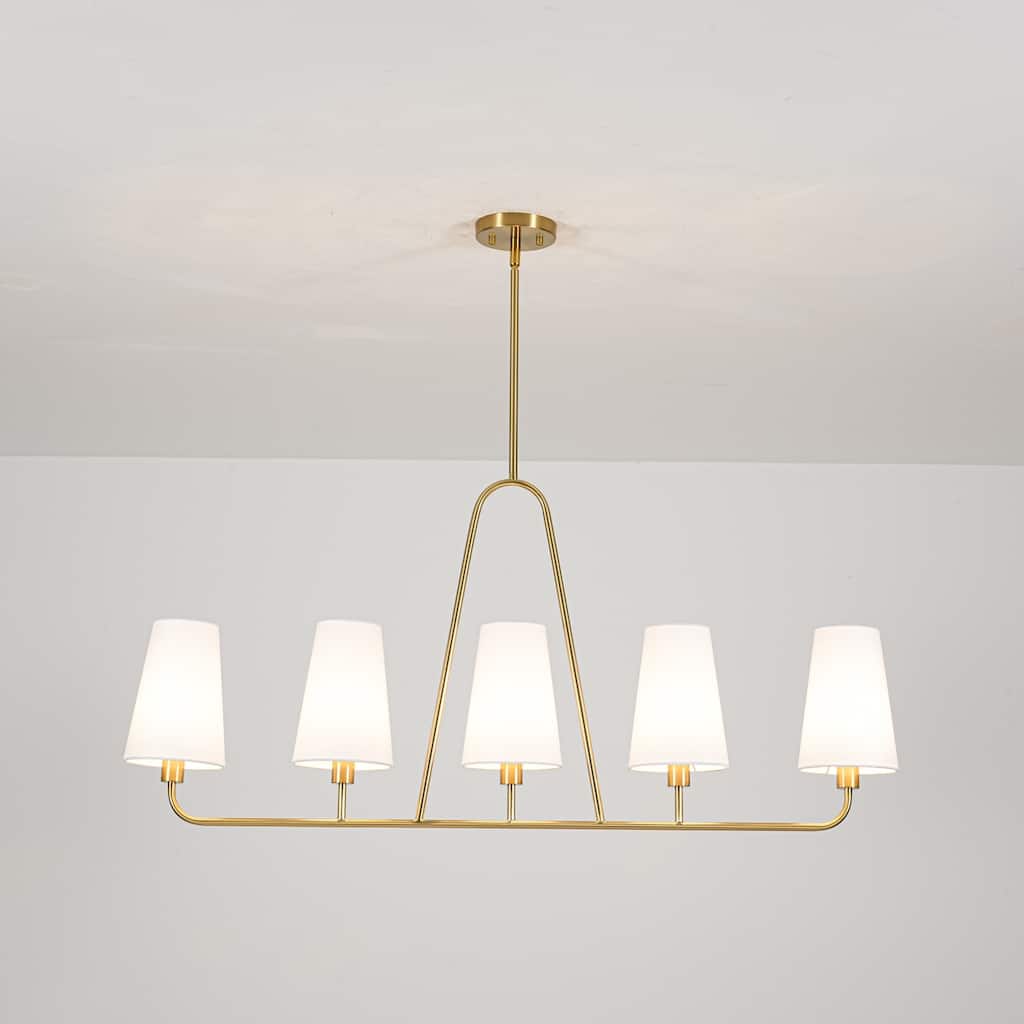5-Light Mid-Century Modern Linear Pendant Light in Brass Finish White TC Fabric Shade for Dining Room and Kitchen Island