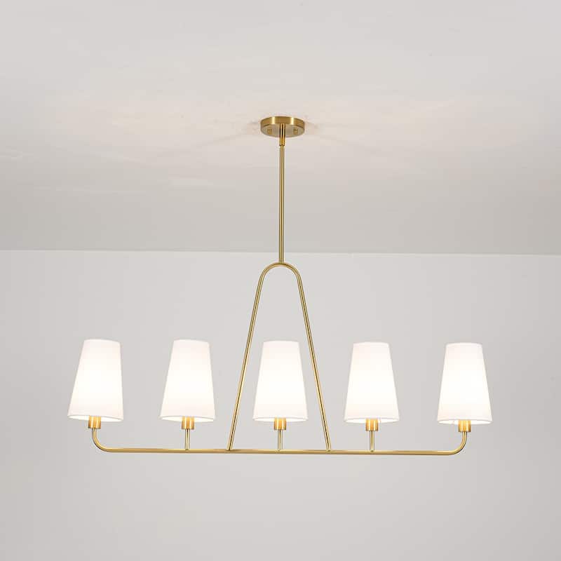 5-Light Mid-Century Modern Linear Pendant Light in Brass Finish White TC Fabric Shade for Dining Room and Kitchen Island - Gold/White - 42.9 in. W x 20.3 in. H x 5.5 in. D