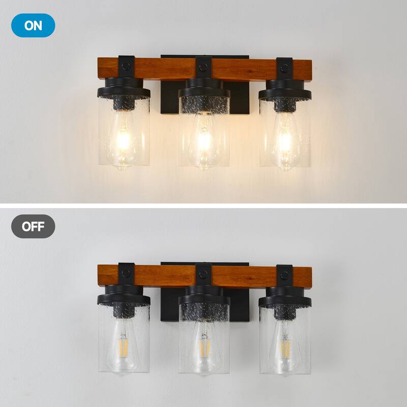 3-Light Matte Black And Wooden Wall Lamps With Glass Shades(No Bulbs) For Bathroom Or Bedroom