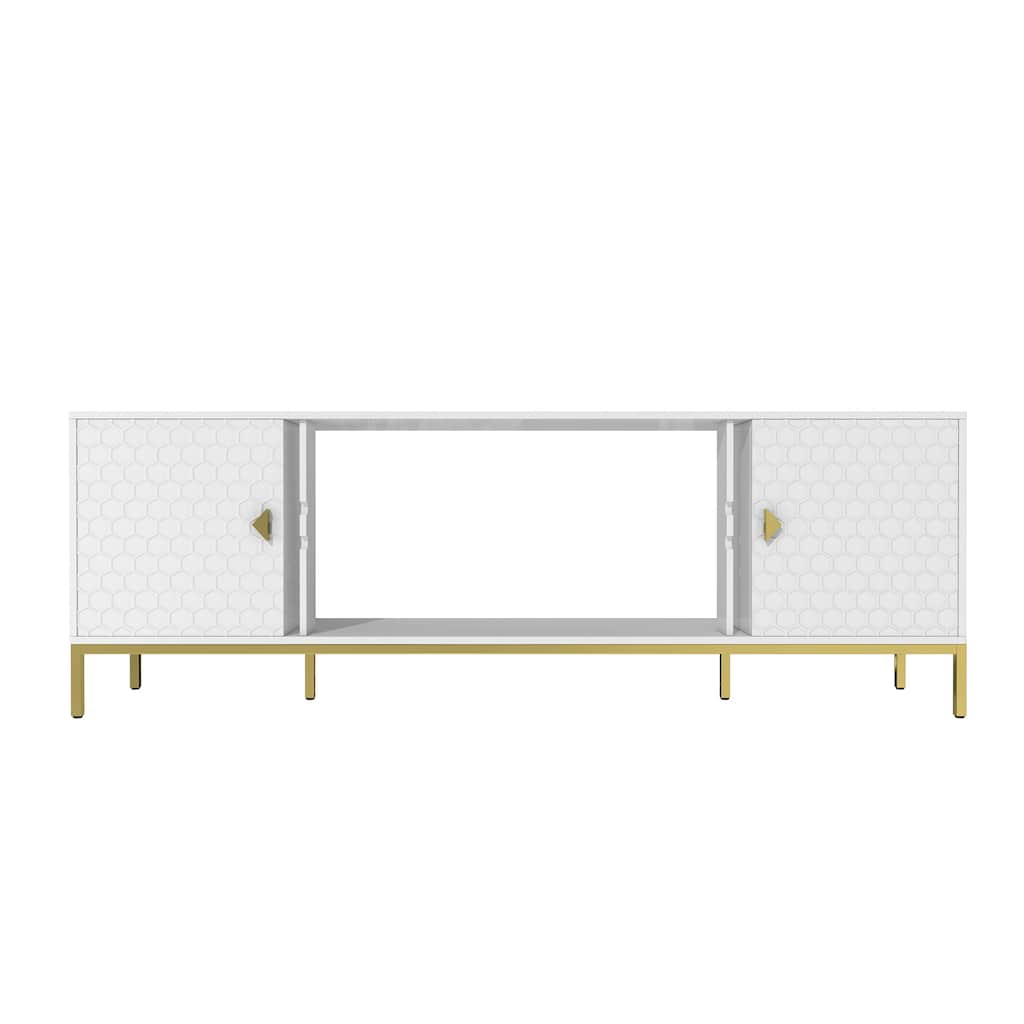 TV Stand with Embossed Honeycomb Design, Wood Media Entertainment Center, Console Table with Storage Cabinet & Open Shelves