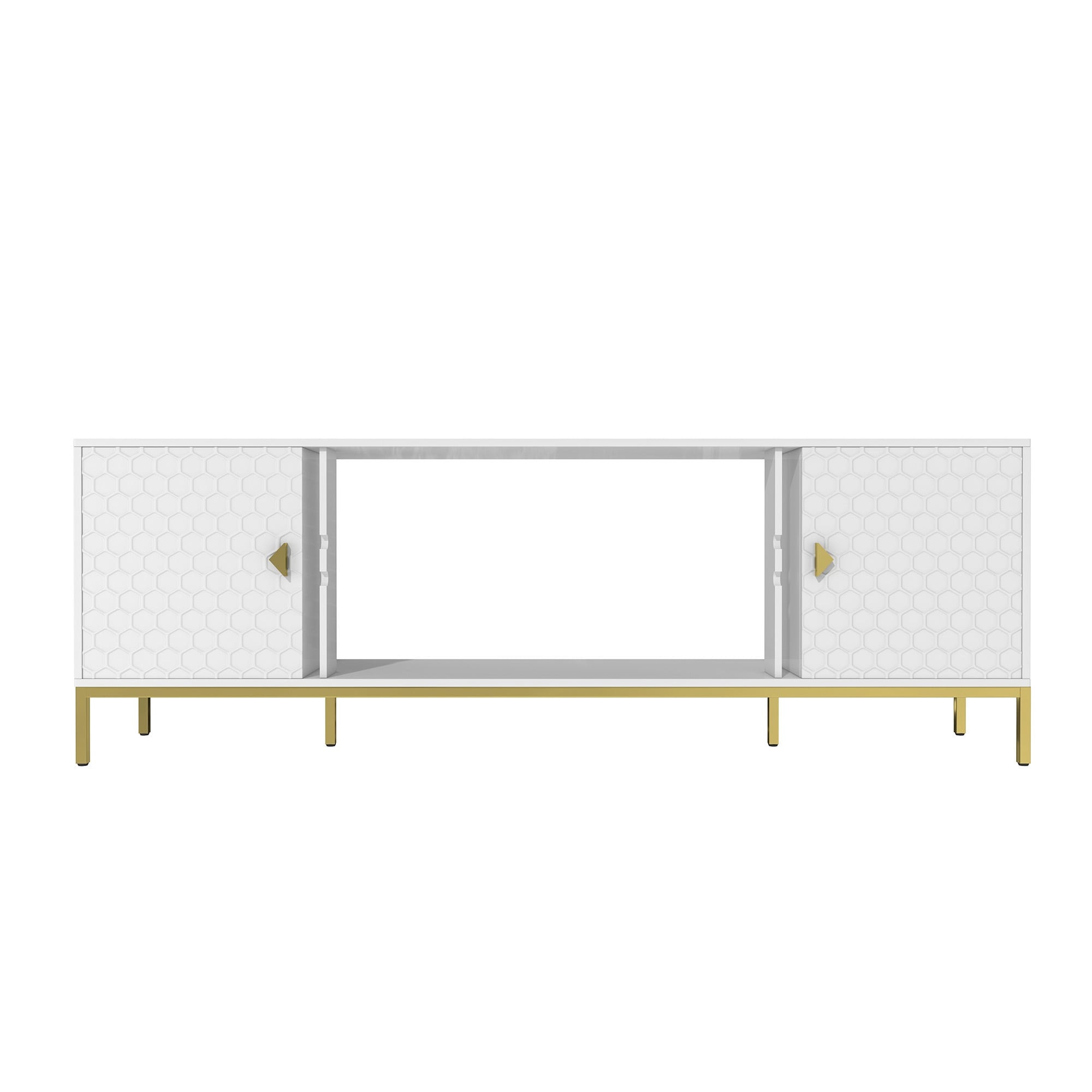TV Stand with Embossed Honeycomb Design, Wood Media Entertainment Center, Console Table with Storage Cabinet & Open Shelves