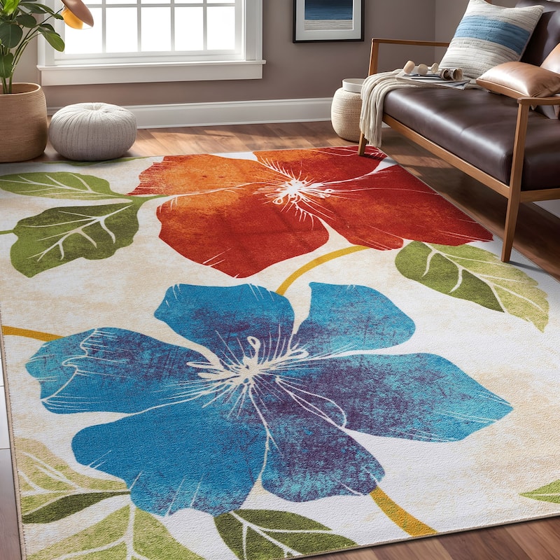 Bahamas Black White Floral Non-Slip Rubber Back Indoor Area Rug
