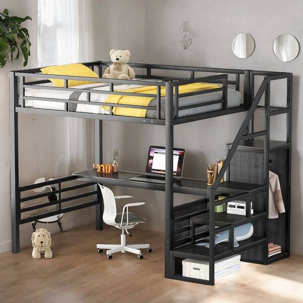 slide 2 of 14, Full Size Metal Loft Bed with Desk, Staircase and Small Wardrobe, Black Black
