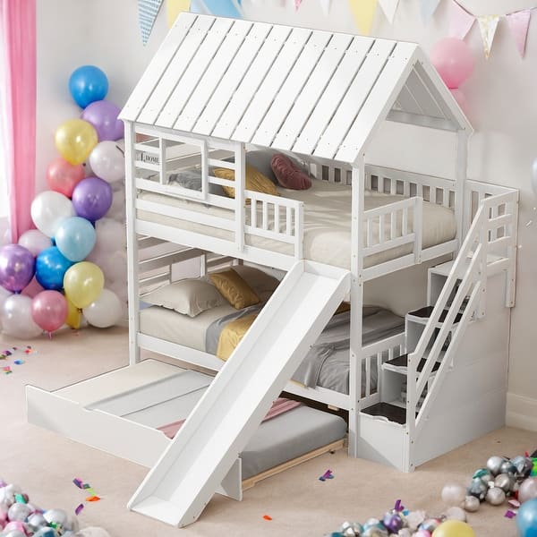 slide 2 of 38, Twin Over Twin House Bunk Bed With Trundle And Slide,Storage Staircase White