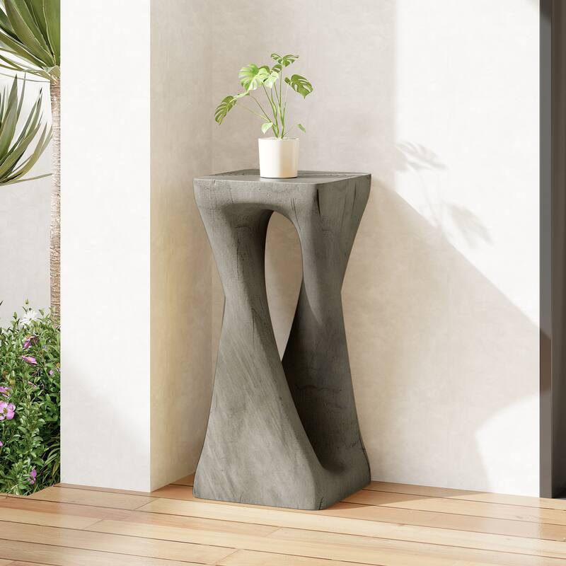 Roomfitters Twist Sculptural Outdoor Side Table, Wood-Look Lightweight Concrete Garden Stool