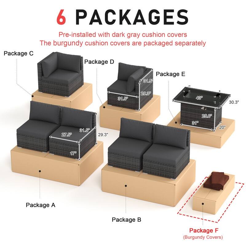 7 Piece Outdoor Sectional Modular Wicker Patio Conversation Set with 43'' Fire Pit Table and Cushion