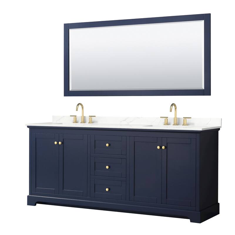 Wyndham Collection WCV232380D-QTZ-US3M70 Avery 80" Free Standing - Dark Blue / Giotto Quartz Top / Brushed Gold