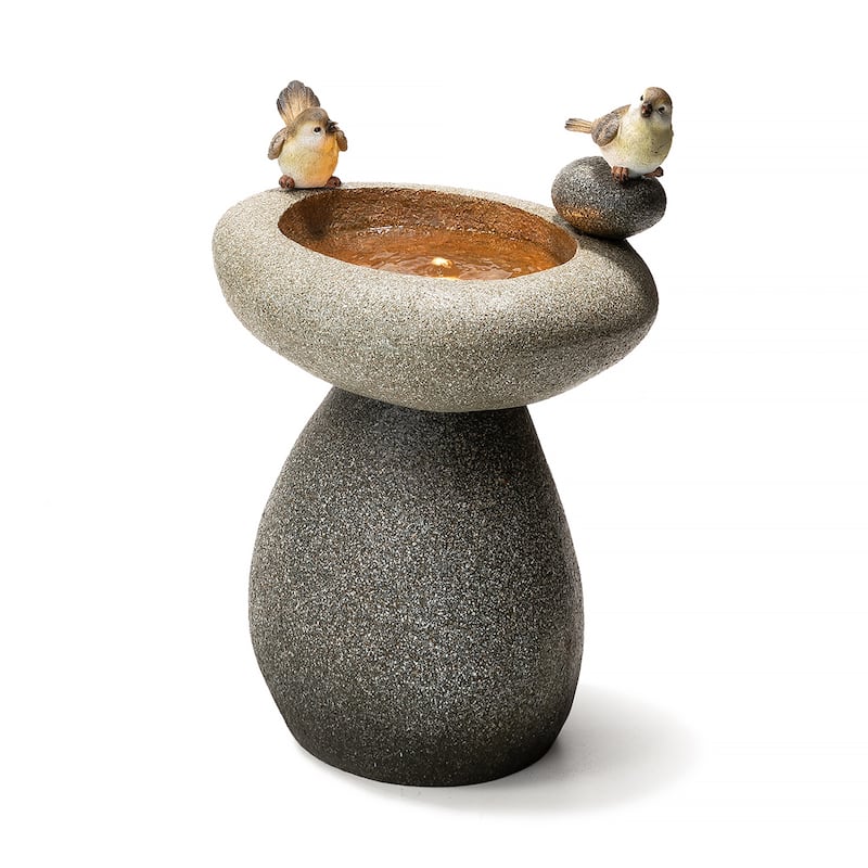 Glitzhome 24-inch Outdoor 2-tier Faux Pebbles Polyresin Birdbath Fountain with Pump