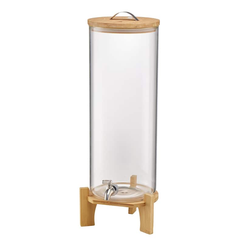 Transparent Borosilicate Glass Single Cylinder Beverage Dispenser 3.5 Gal with Wicker Stand - 9.06 x 9.06 x 26.77 in