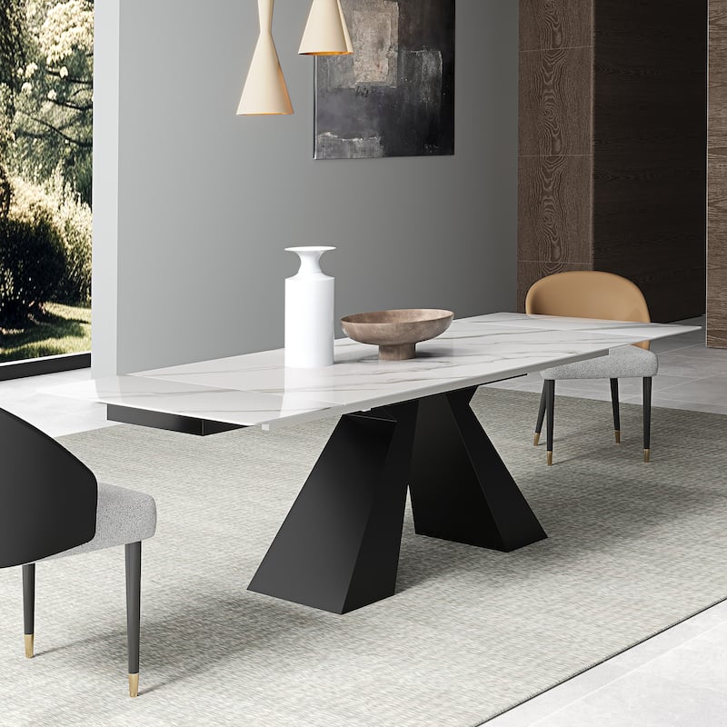 63'' to 94.5” Extendable Dining Table For 8-10 with Sintered Stone Table top and Metal Base - 94.48"