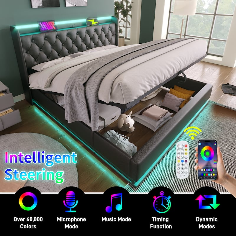 King Size Upholstered Bed with LED Function and USB Charging
