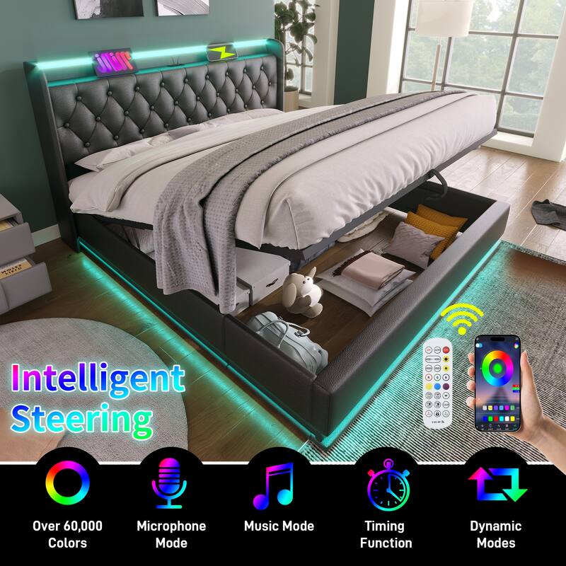 Metal Frame Storage Bed LED PU Upholstered Platform Bed, Full