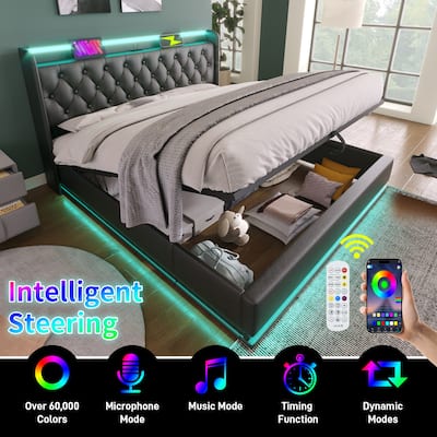 Queen Size Hydraulic Storage Bed Upholstered Head Platform Bed