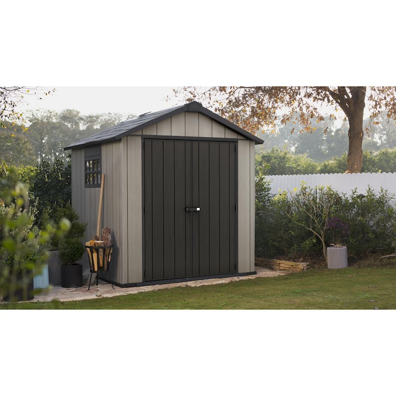 Keter Oakland 7.5x7 ft. Resin Outdoor Storage Shed With Floor for Patio Furniture and Tools