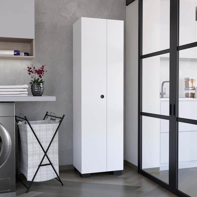 Slim White Utility Broom Cabinet - Double Doors, Broom Hangers, and Adjustable Shelves for Compact Spaces