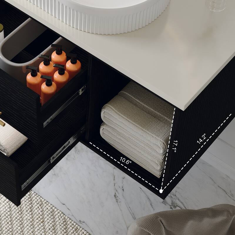 Wall-Mounted Bathroom Vanity With Ceramic Sink Floating Vanity Multi-Layer Solid Wood Cabinet Soft-Close Drawers Open Shelf