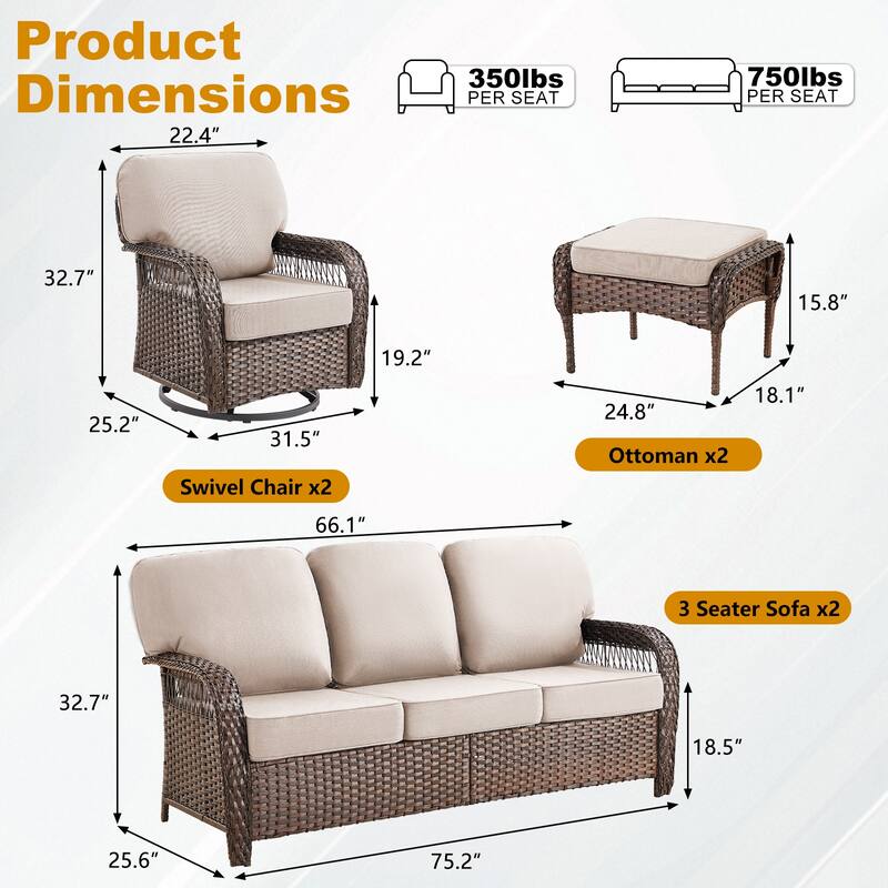 Pocassy Patio Outdoor Sofa Ottoman with Swivel Chair Table Funiture Set.