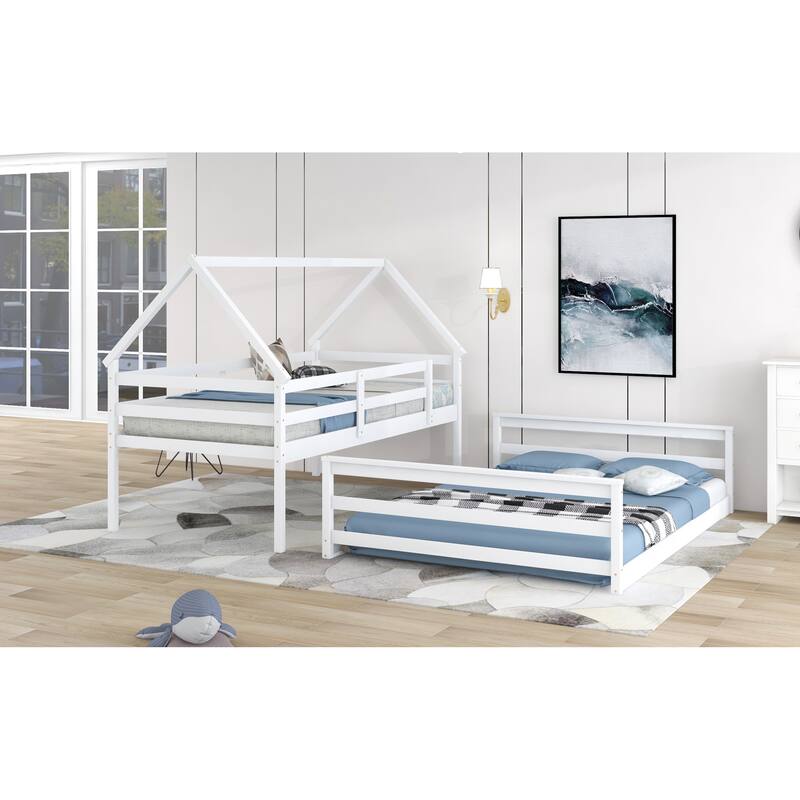 Roomfitters Twin Over Full House Bunk Bed with Built-In Ladder, Playhouse Roof