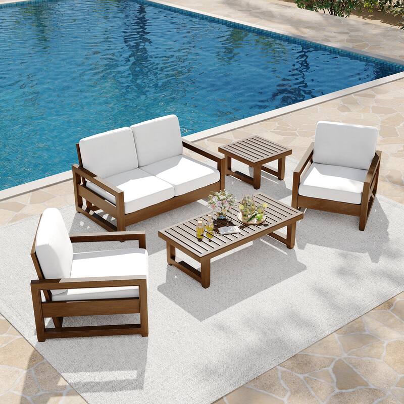 5-Piece Patio Wood Conversation Set with Loveseat, Chairs and Tables