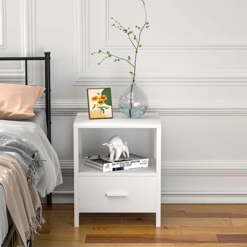 Javlergo Nightstand with Drawer, Bedside Table End Table for Bedroom Dorm Nursery Living Room, Open Storage Shelf