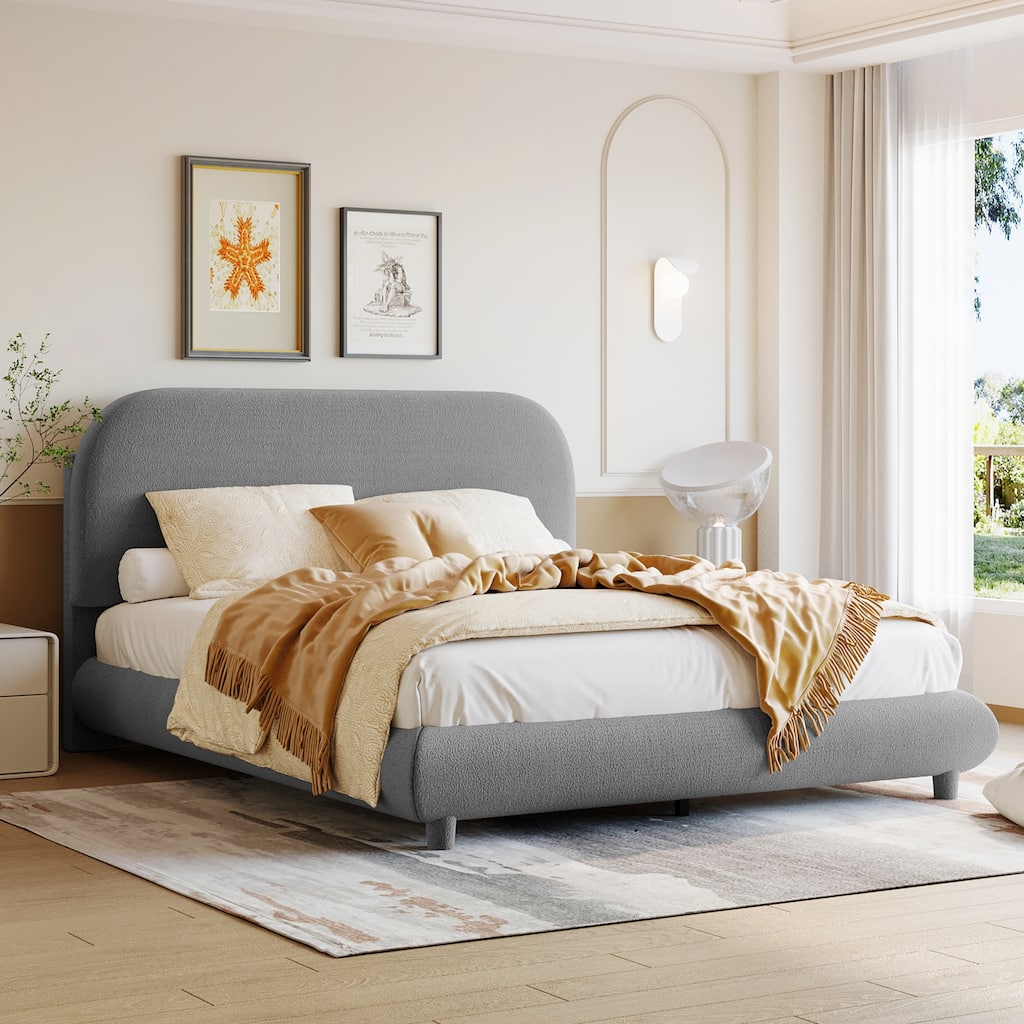 Full Size Upholstered Platform Bed with Curve-shaped Design, Soft Teddy Fleece Fabric, Sturdy Wood Frame, Gray