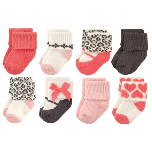 slide 1 of 1, Luvable Friends Baby Girl Newborn and Baby Terry Socks, Leopard Leopard - 0-6 Months