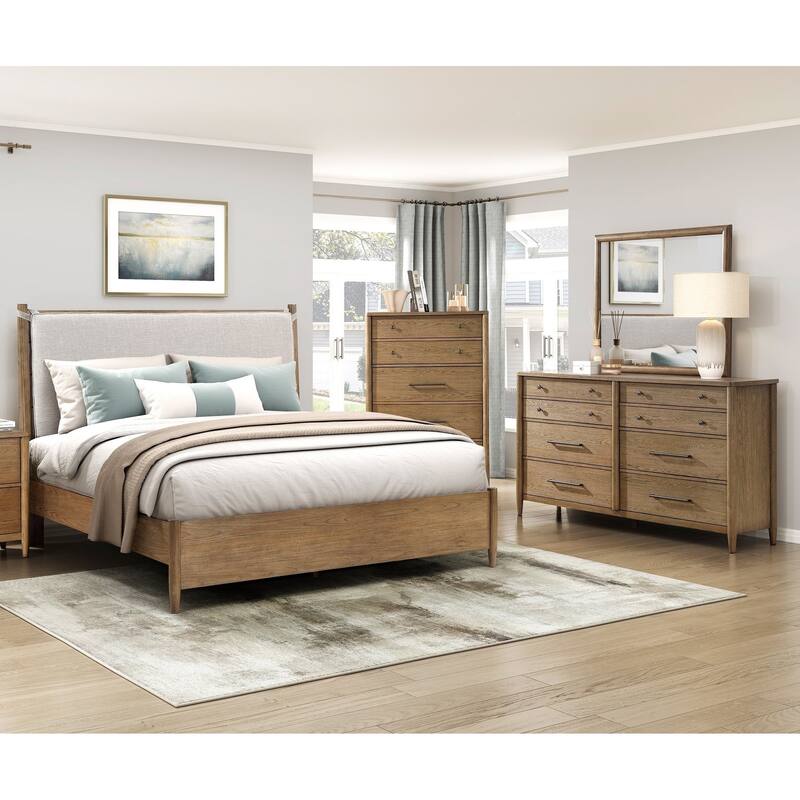 4pc Bedroom Set Brown Finish Bed Dresser Mirror Chest