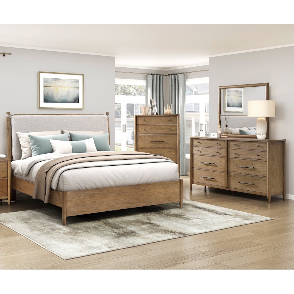 4pc Bedroom Set Brown Finish Bed Dresser Mirror Chest