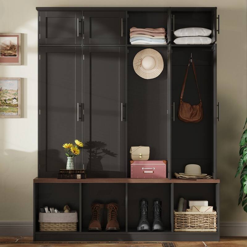 Farmhouse Hall Tree with 4 Hidden Hanging Hooks