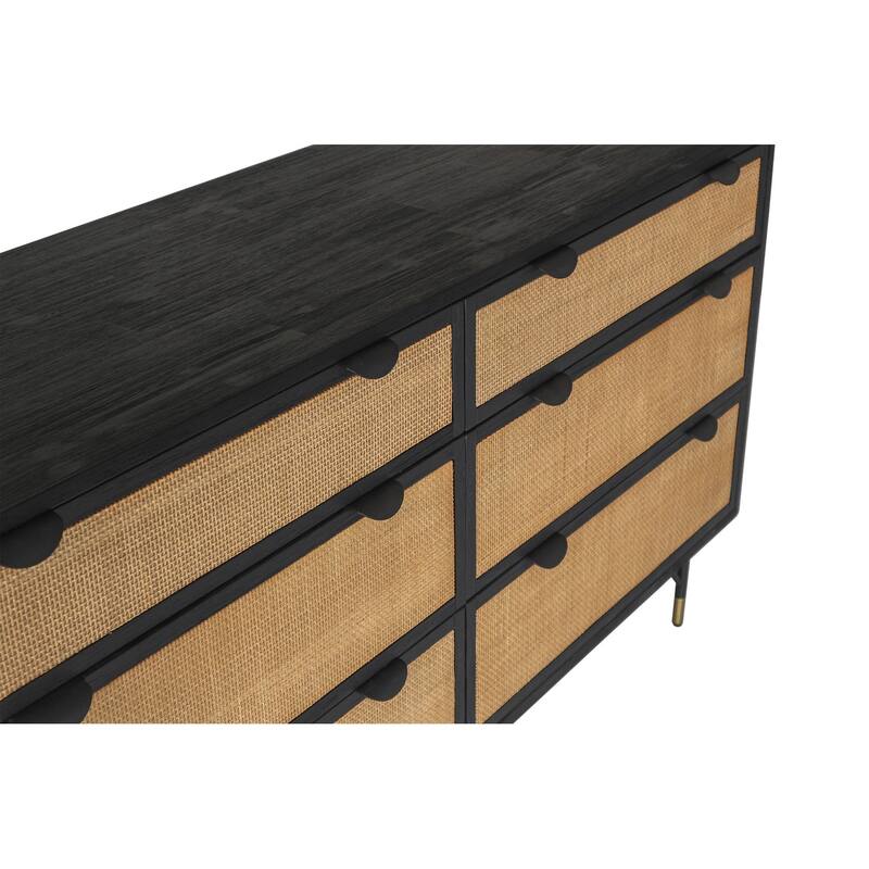 HomeRoots 61" Natural and Black Solid Wood Six Drawer Double Dresser