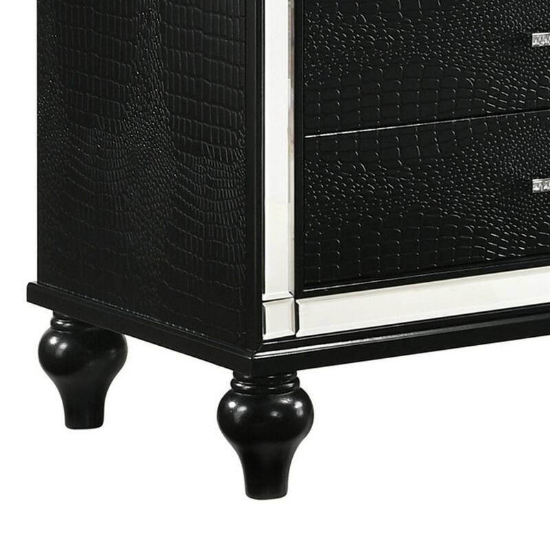 3 Drawer Wooden Nightstand with Mirror Accents and Faux Crystal Pulls,Black