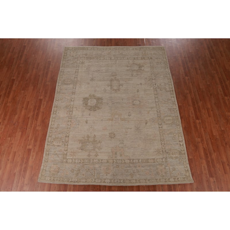 Hand Knotted Oriental 100% Wool Carpet Transitional All-Over Beige & Ivories Oushak Area Rug - 9' 10'' X 7' 8''