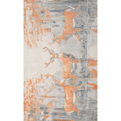 Hand Knotted Oriental Viscose Silk Carpet Modern Animal Pictorial Greys & Charcoal Abstract Area Rug - 7' 9'' X 5' 5''