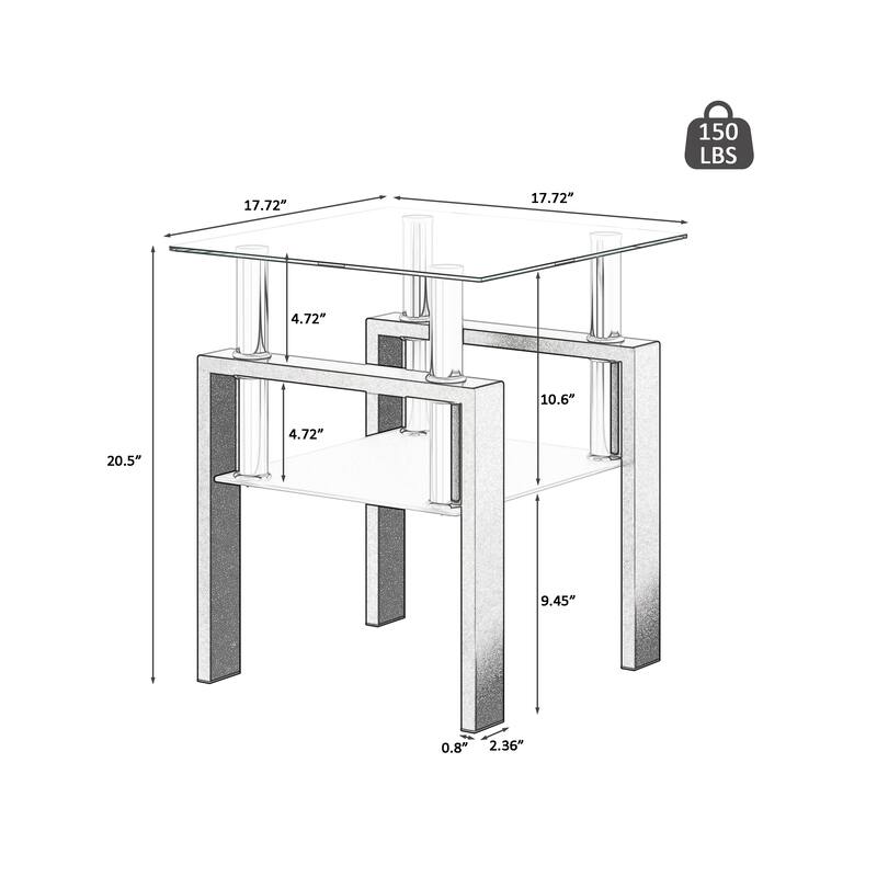 Set of 2, Modern Tempered Glass Tea Table Coffee Table End Table, Square Table for Living Room