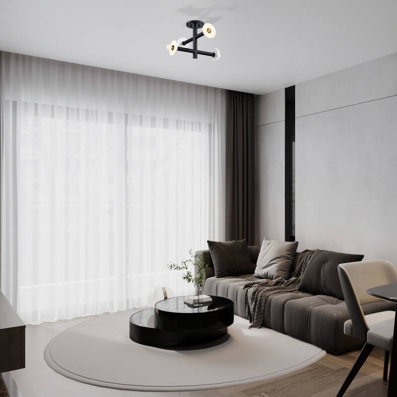 Fina 16 in. 4-Light Matte Black Modern Semi Flush Mount with Natural Marble Accents for Bedrooms - 12.25