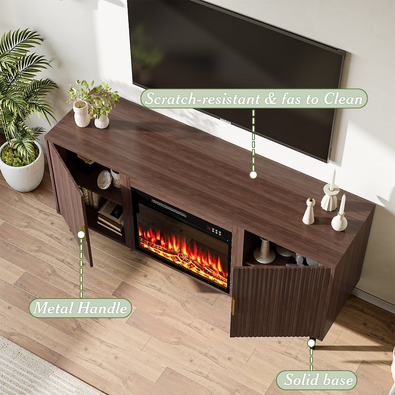 BOSSIN 58"Mid-Century Electric Fireplace TV Stand with Fluted Panels, Remote Control, and Adjustable Shelves for TVs up to 65"