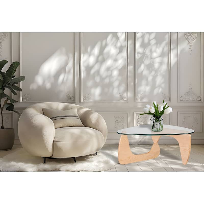 Modern Triangle Clear Glass Coffee Table with Wood Base - Natural
