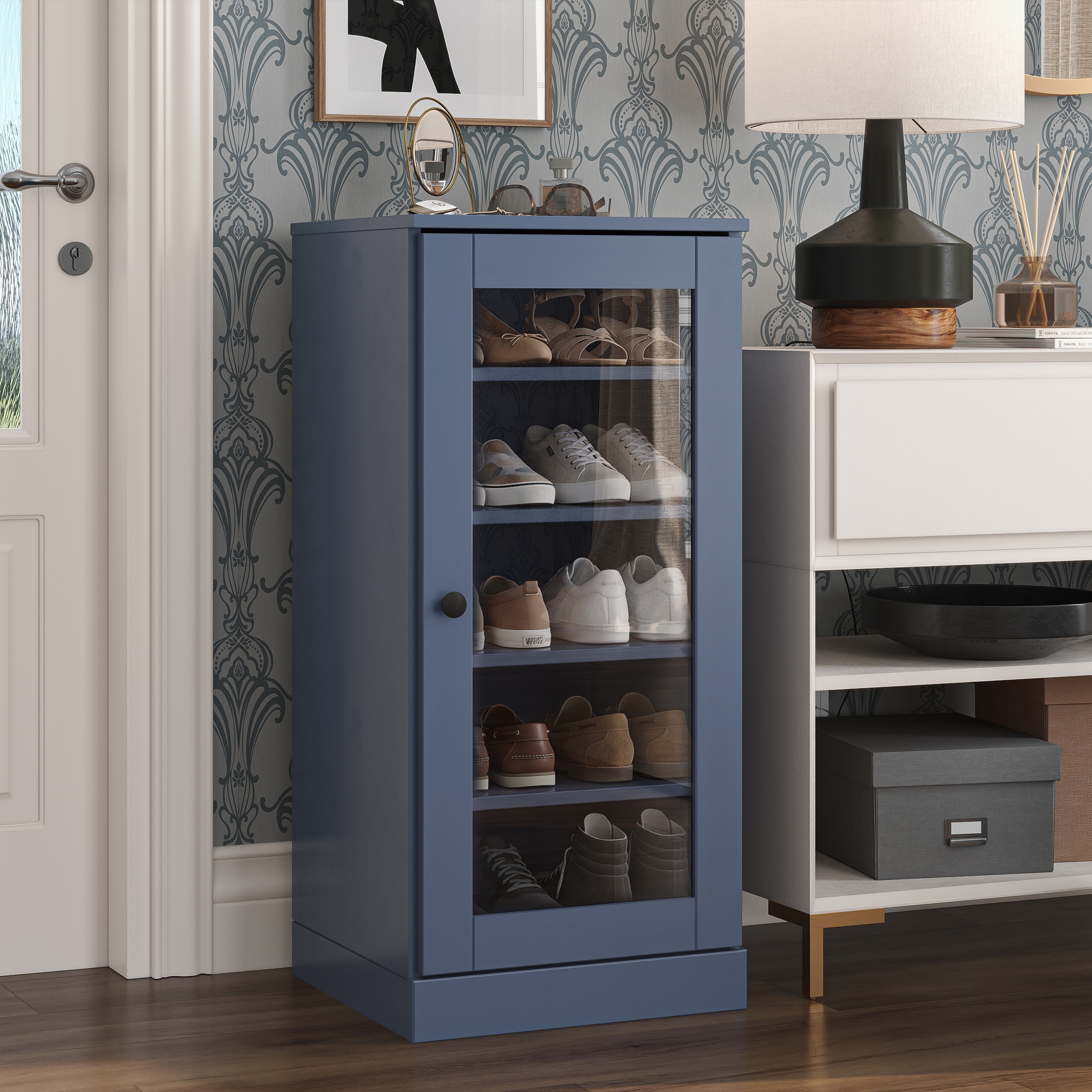 Palace Imports 100% Solid Wood 16.5" Narrow Glass Door Shoe Storage Cabinet, Adjustable Shelves, Stackable