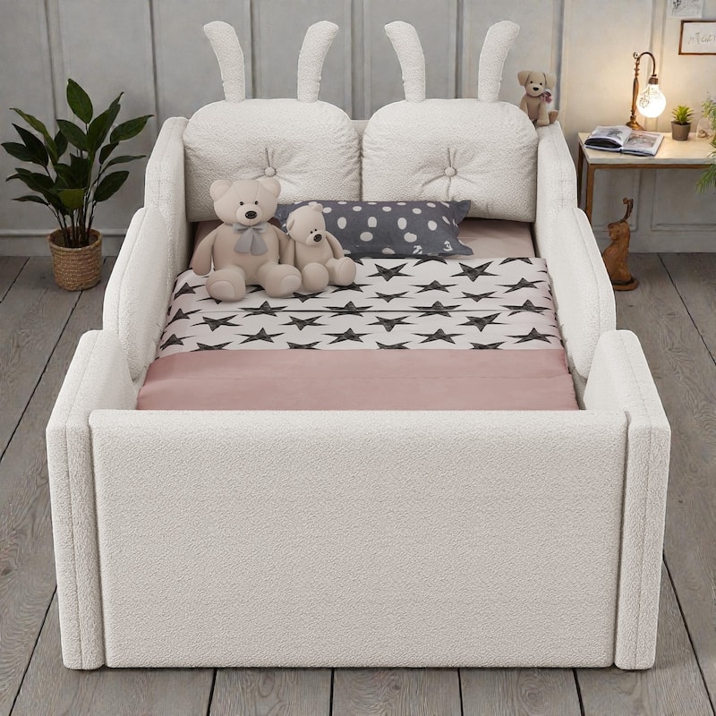 Twin Size Upholstered Floor Bed for Kids with Removable Side Rails, Soft Teddy Fabric Platform Bed