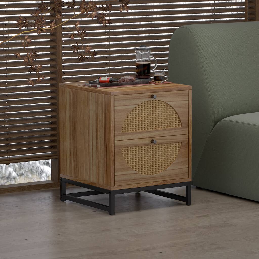 Nestfair Natural Rattan Side Table End Table with Storage Drawer