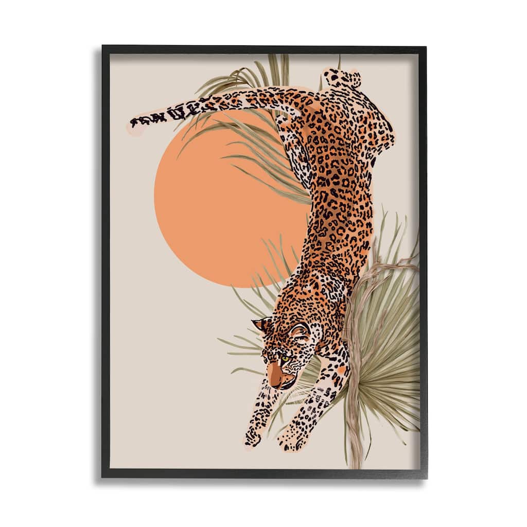 Stupell Jungle Cat Leopard Pounce Orange Sun Palm Leaf Framed Wall Art