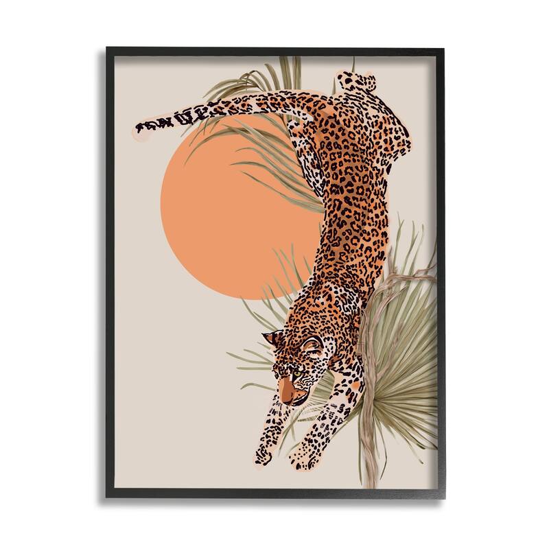 Stupell Jungle Cat Leopard Pounce Orange Sun Palm Leaf Framed Wall Art