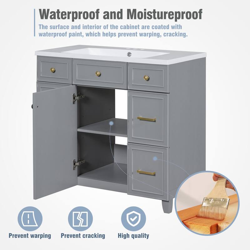 Modern 36-Inch Free-Standing Vanity with Single Sink, Storage Drawers & Adjustable Shelf